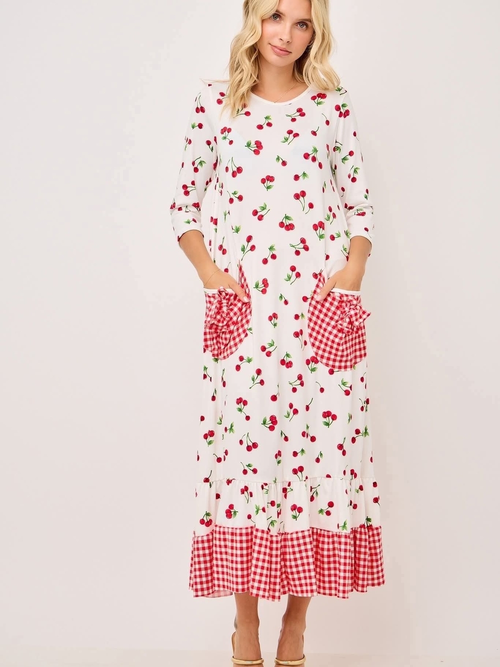 Celeste White Cherry-Print Maxi Dress with Red Gingham Pockets